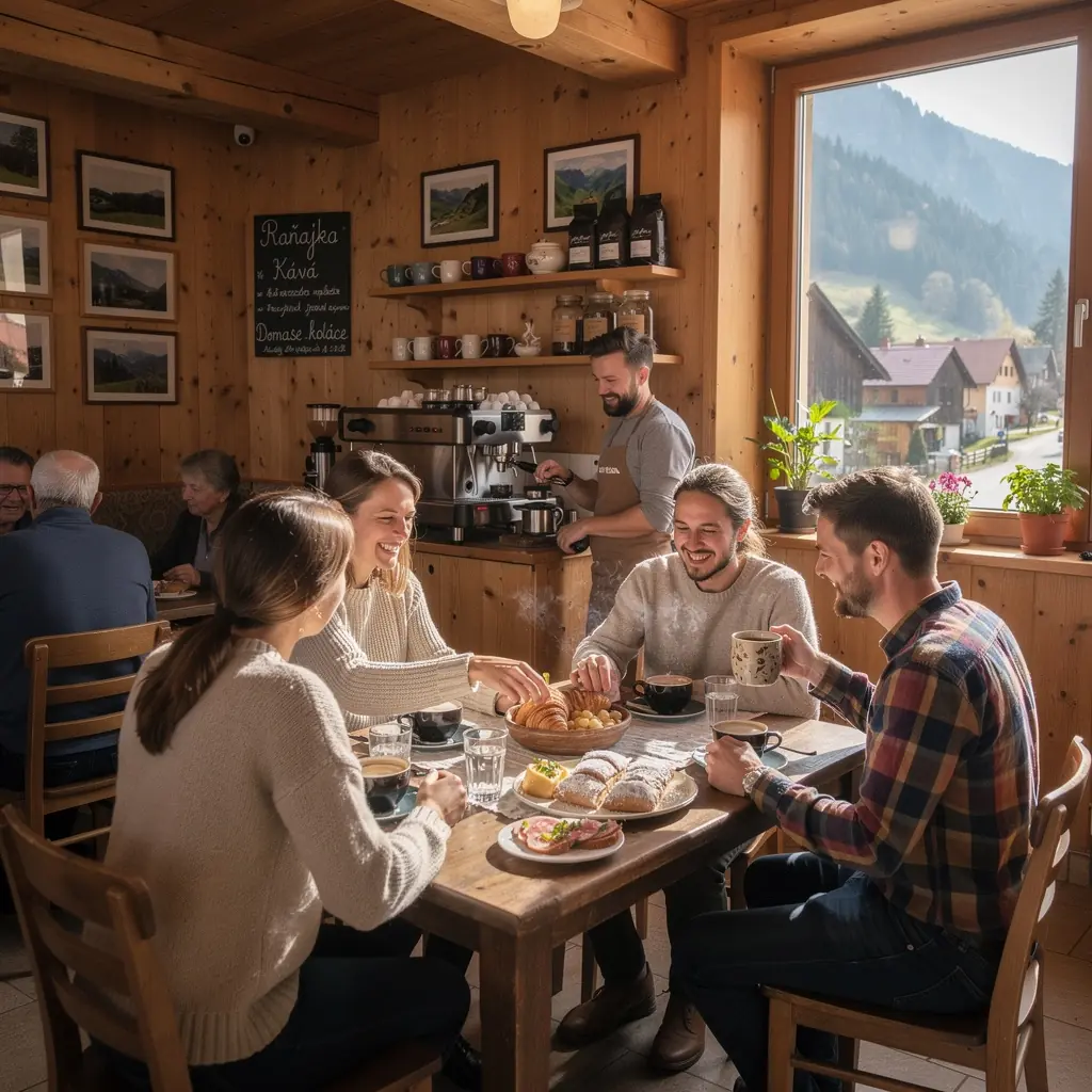 A group of travelers enjoying a meal at a rustic Slovak restaurant, highlighting communal dining experiences.