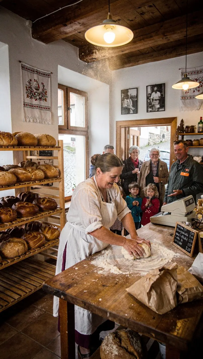 A scenic landscape view of a traditional Slovak village showcasing local culinary delights.