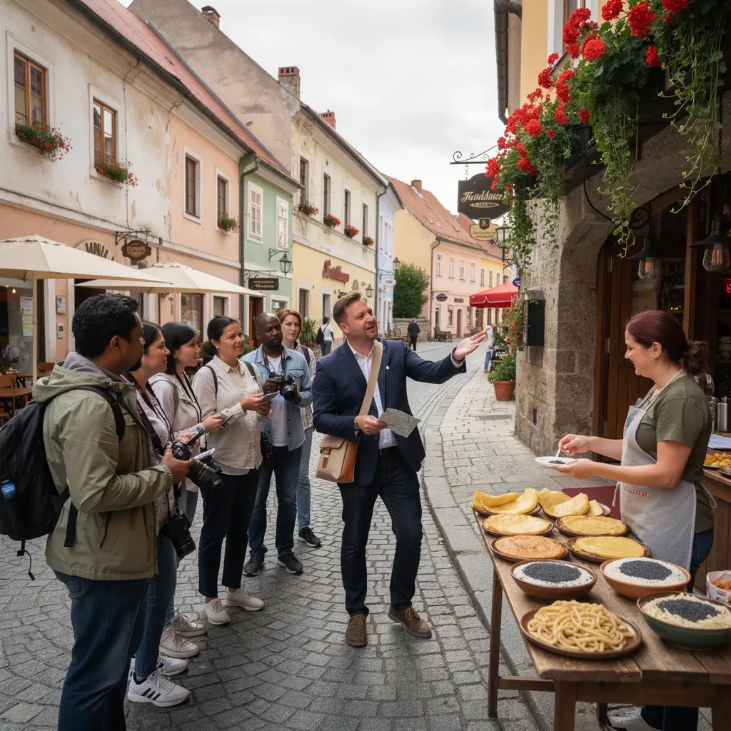 A scenic view of a traditional Slovakian market bustling with vendors selling fresh local produce and regional delicacies.